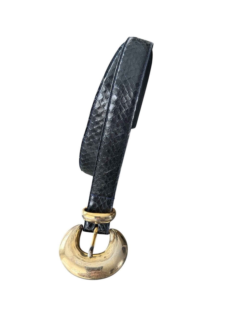 Vintage Magid Genuine Snakeskin Skinny Belt Midnight Blue Gold Buckle Size S